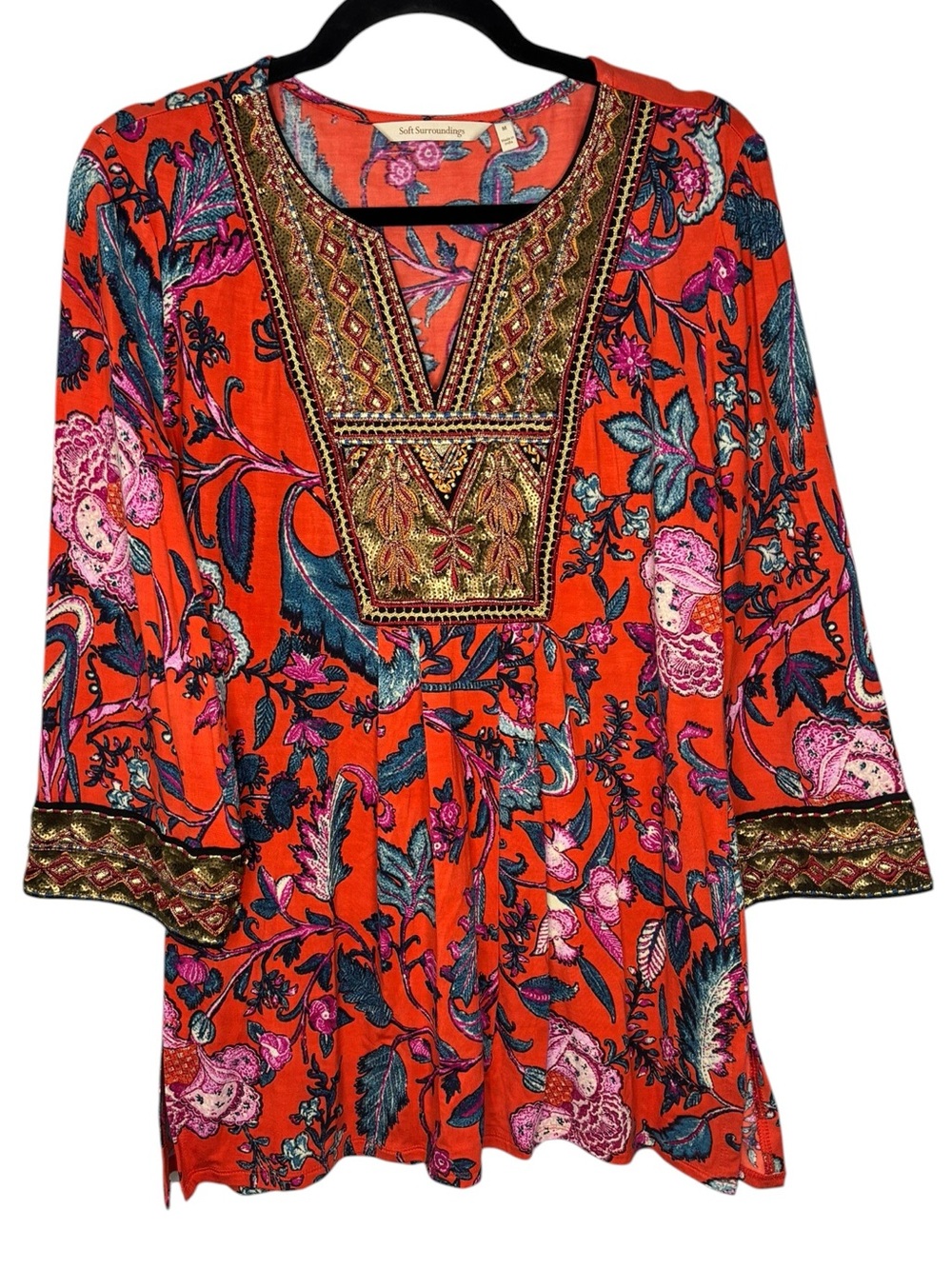 Soft Surroundings Samara Embellished Tunic Top Festival Beaded Boho Sequin Med